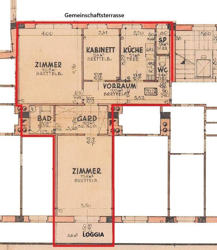 Detaillierter Grundriss einer Wohnung mit mehreren Zimmern, Küche, Bad und Loggia.