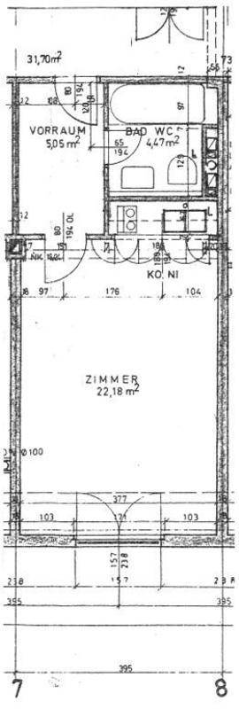 Grundriss einer Wohnung mit Zimmer, Bad, separatem WC und Vorraum auf 31,70m².