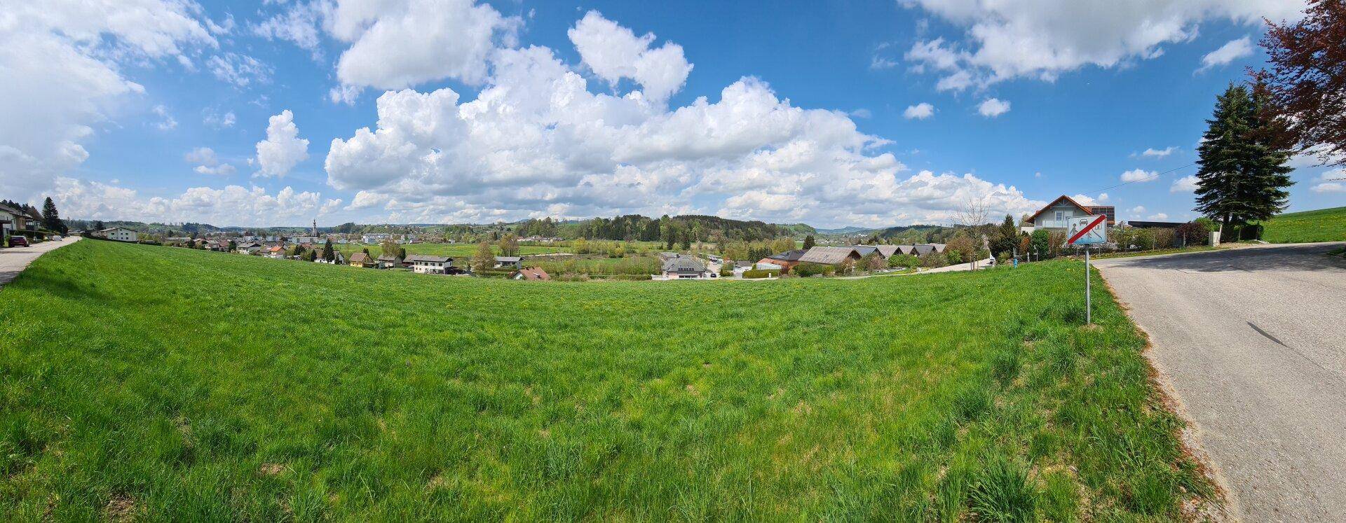 Panoramablick über weite grüne Wiesen mit einer Siedlung am Horizont unter strahlend blauem Himmel.