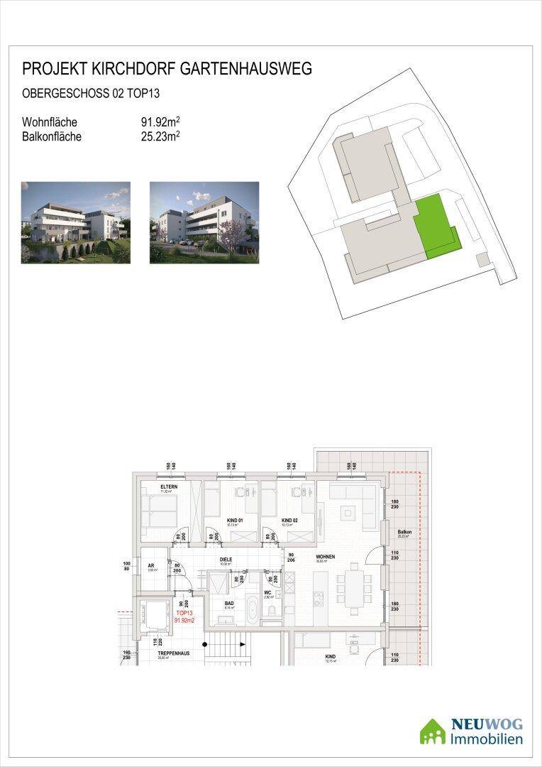Grundrissplan für die Wohnung TOP13 im Obergeschoss mit Wohnflächenangaben und kleinen Visualisierungen.