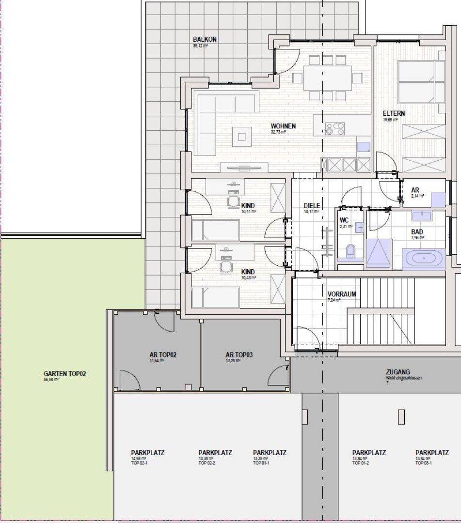 Grundriss einer Wohnung mit offenem Wohnbereich, drei Schlafzimmern, Balkon und Garten.