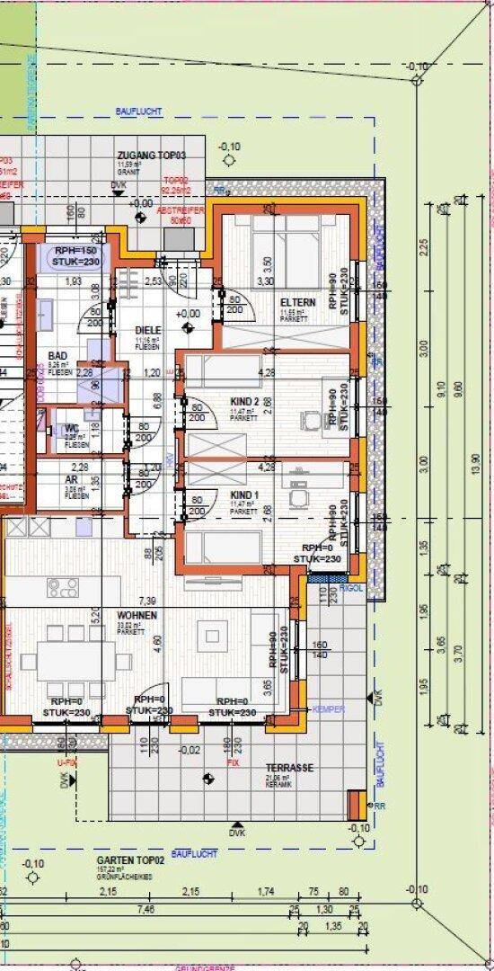 Detaillierter Grundriss einer Wohnung mit offenem Wohnbereich, Küche, Schlafzimmern und Terrasse.