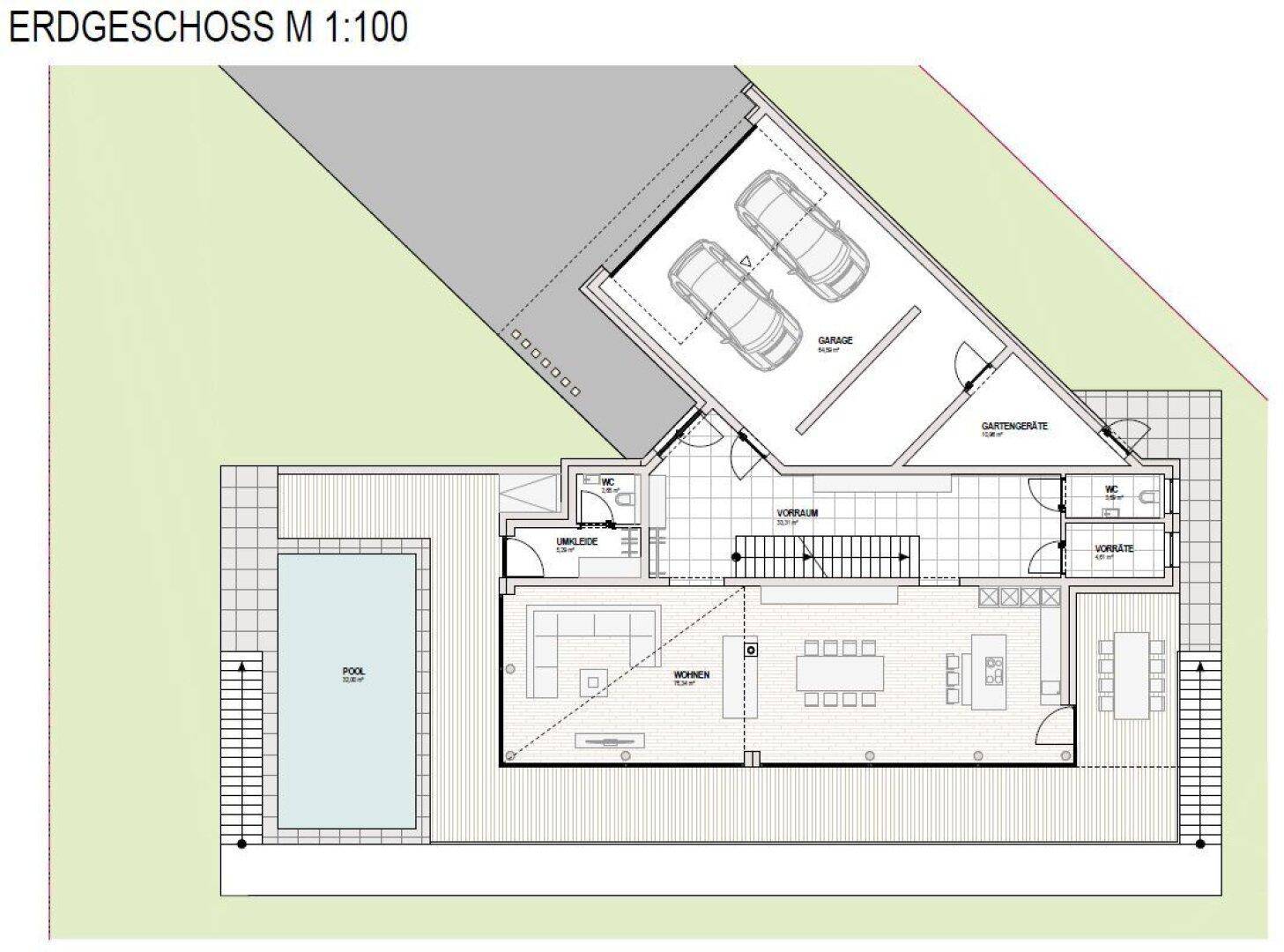 Grundriss des Erdgeschosses mit offenem Wohnbereich, Küche, Pool und Garage.