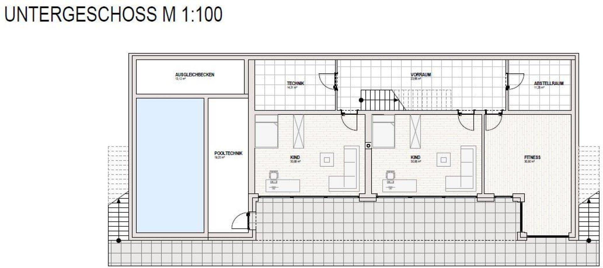 Grundriss des Untergeschosses mit Schlafzimmern, Fitnessbereich und Pooltechnikraum.