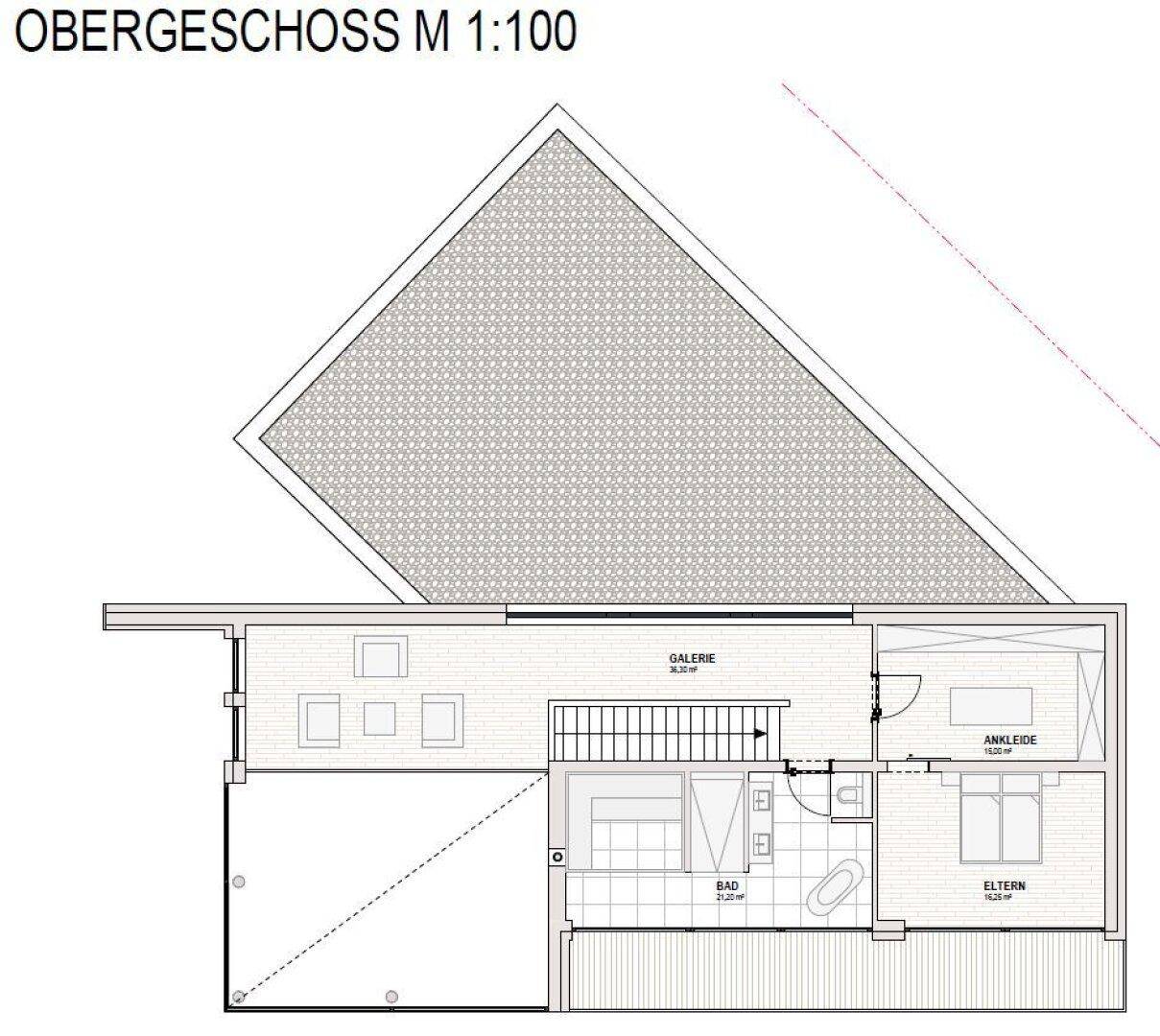 Grundriss des Obergeschosses mit Schlafzimmer, Bad, Ankleide und Galerie.
