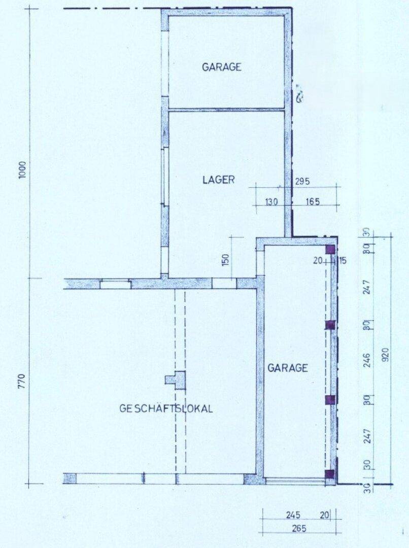 Grundriss mit Garage, Lager und Geschäftsräumen, zeigt die funktionale Aufteilung.