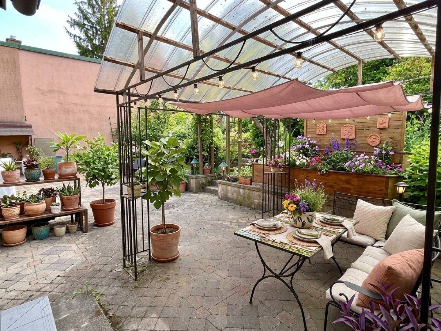 Gemütliche gepflasterte Terrasse mit Esstisch, Sitzgelegenheiten und einer Überdachung, umgeben von Pflanzen.