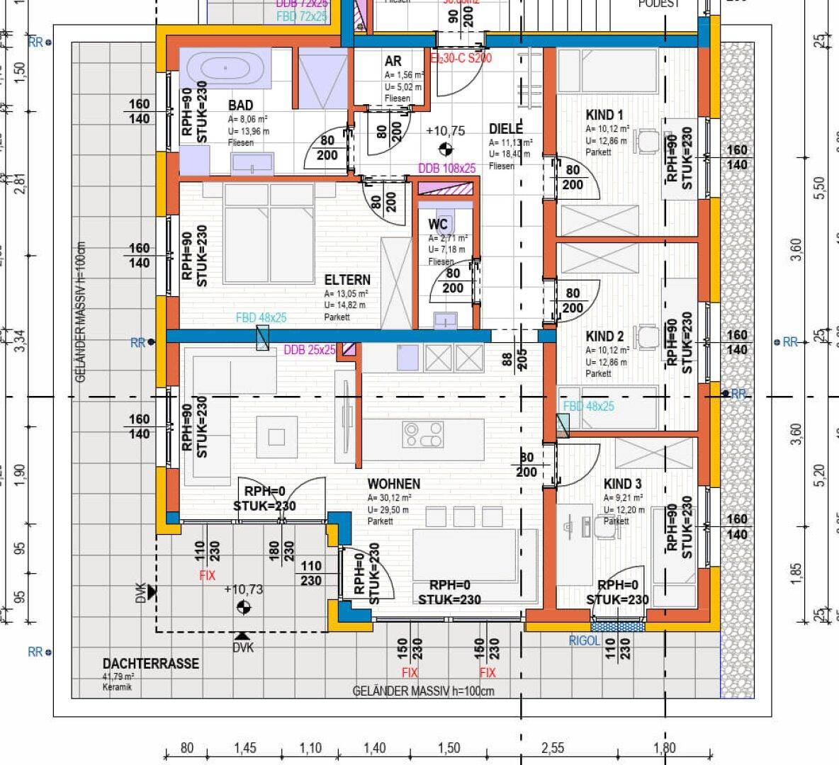 Detaillierter Grundriss einer modernen Wohnung mit mehreren Zimmern, Dachterrasse und zwei Bädern.