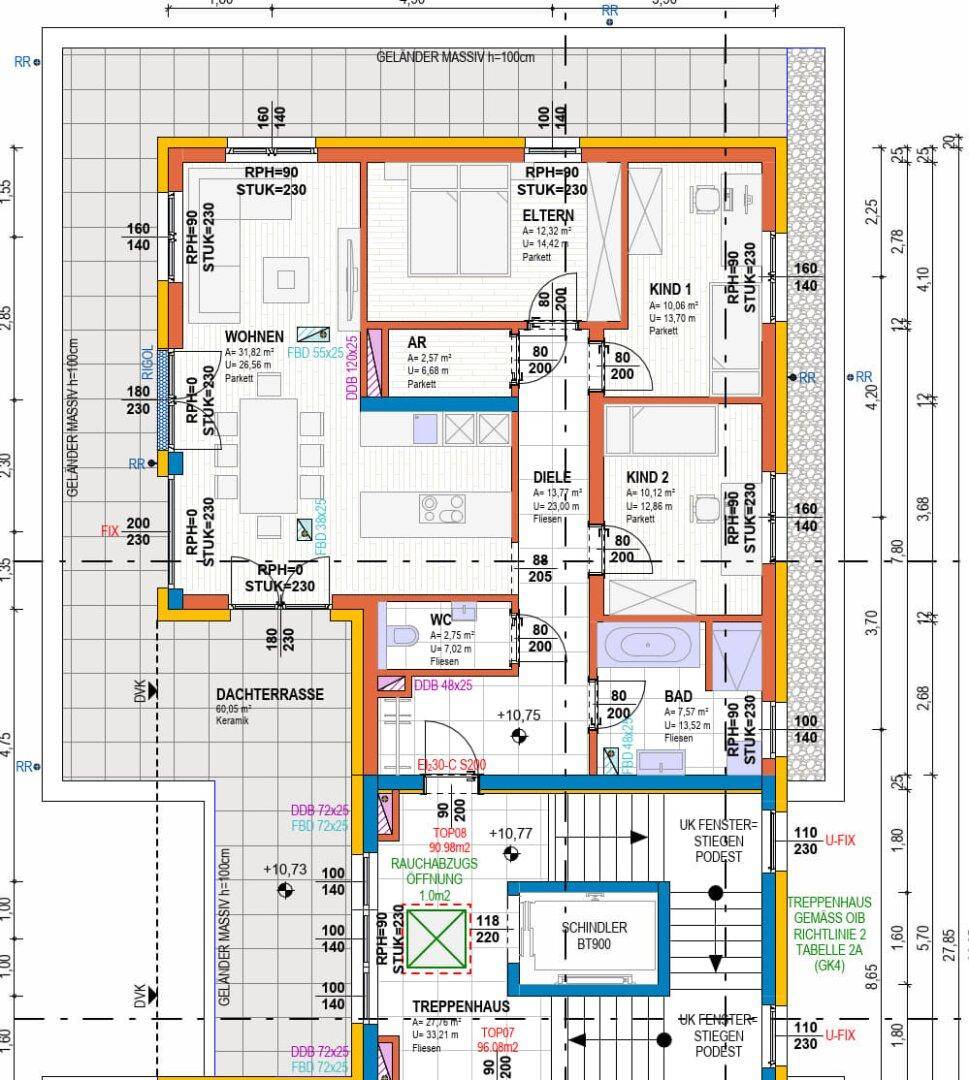 Detaillierter Grundriss einer Wohnung mit Wohnzimmer, Schlafzimmern und Dachterrasse.