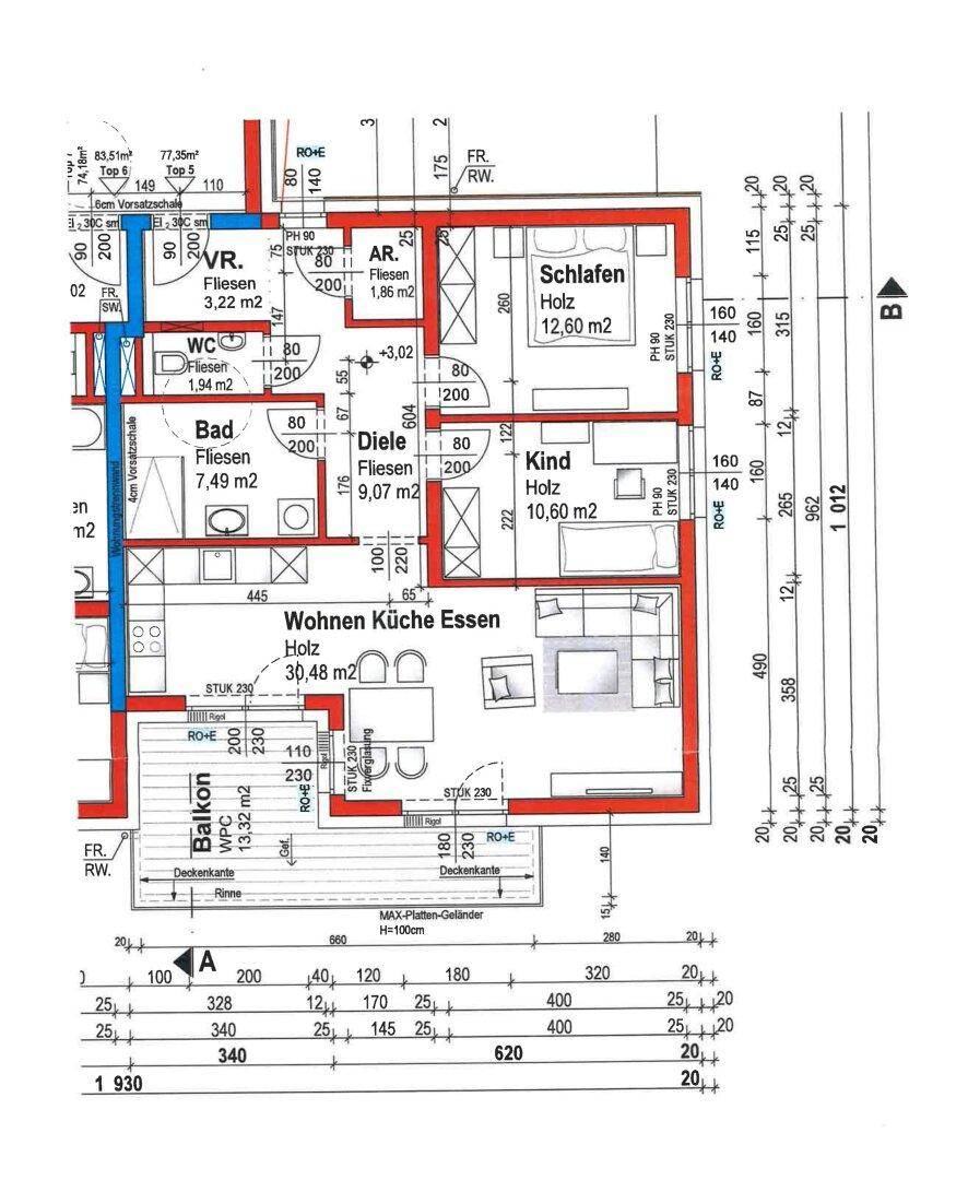 Grundriss einer Wohnung mit offenem Wohn-, Küchen- und Essbereich, zwei Schlafzimmern, Bad, separatem WC und Balkon.