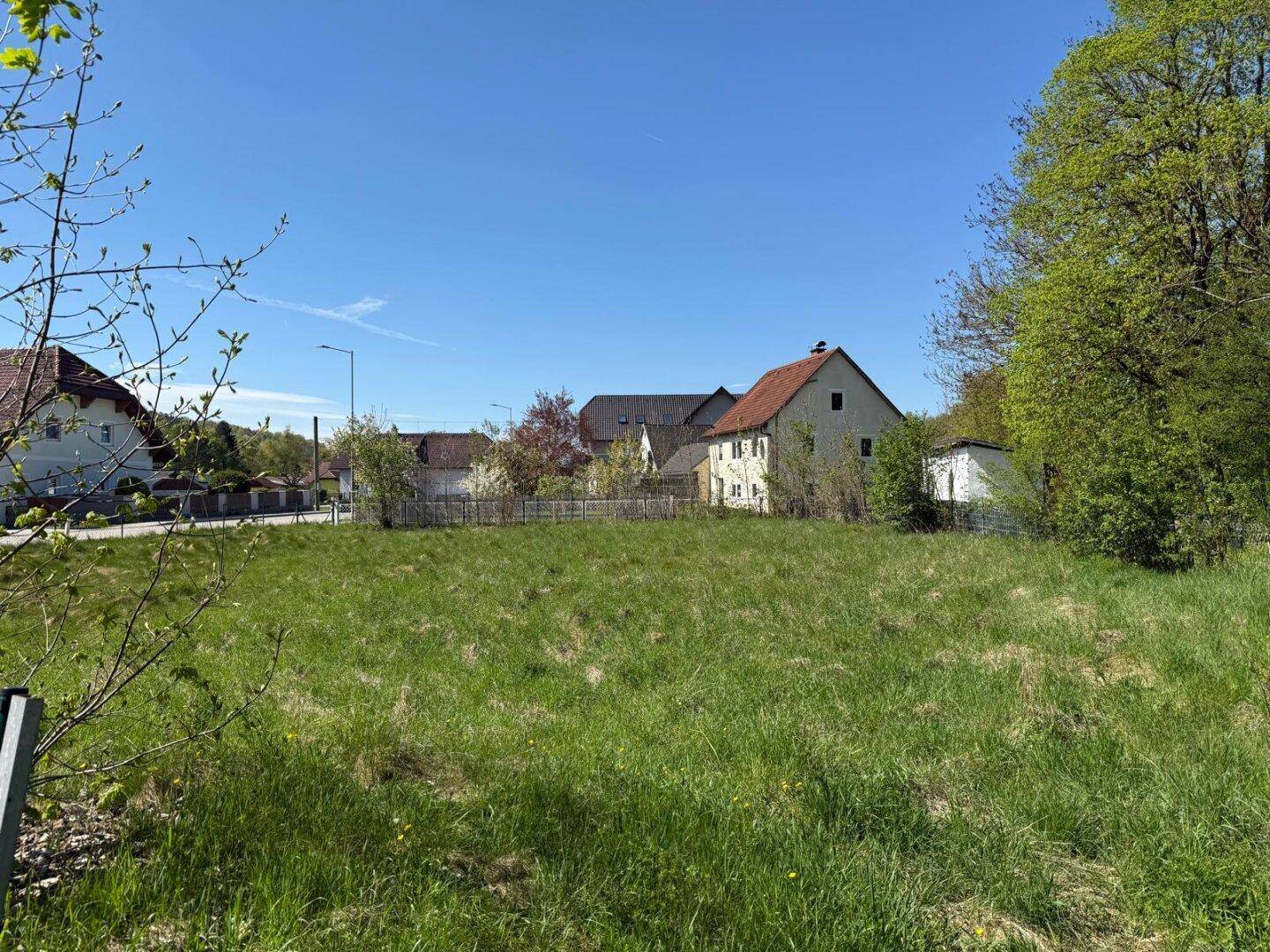 Grüne Wiese mit Blick auf umliegende Häuser und Bäume unter blauem Himmel.