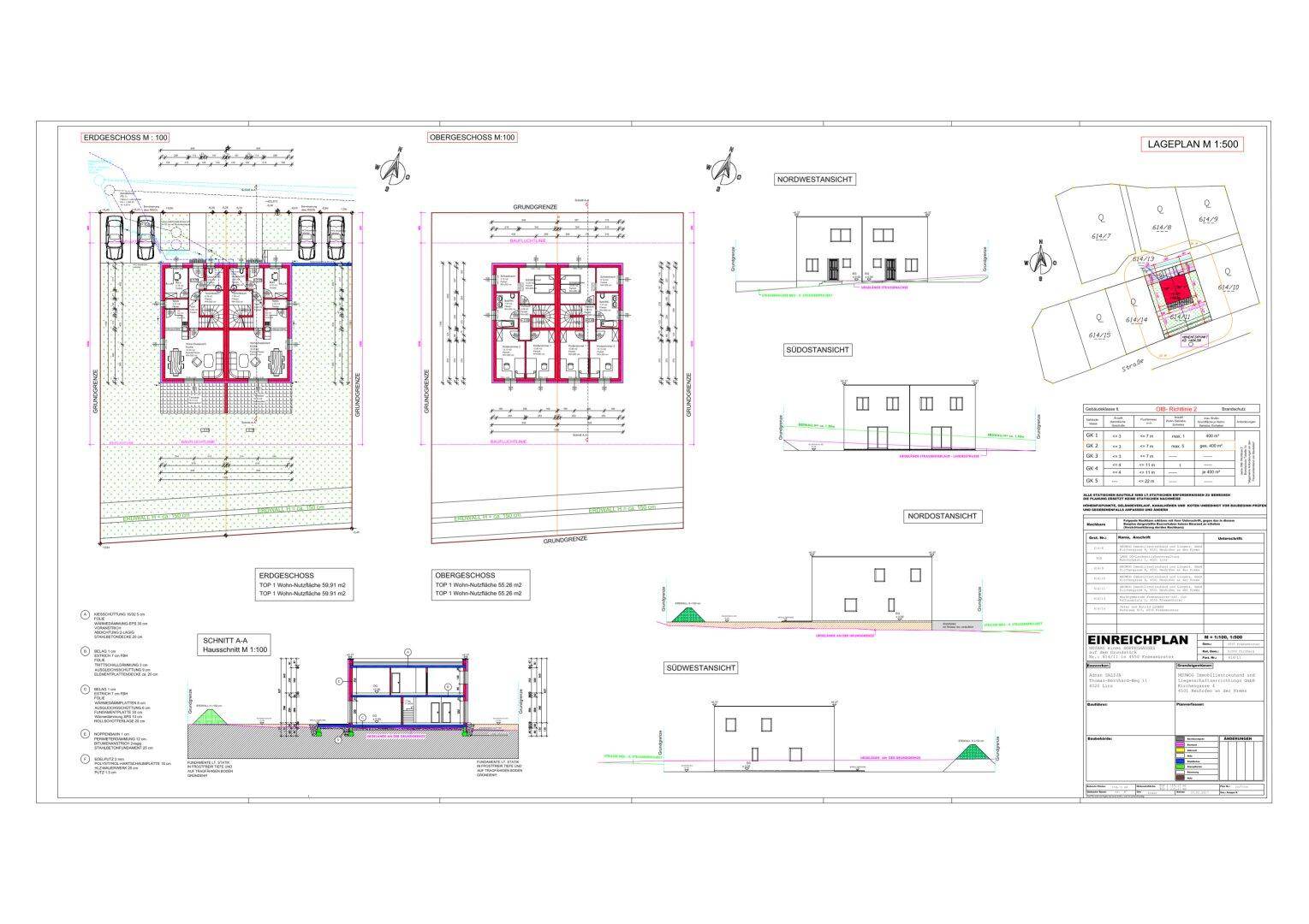 Detaillierter Einreichplan eines Neubauprojekts mit Grundrissen, Ansichten und Lageplan für moderne Doppelhaushälften.