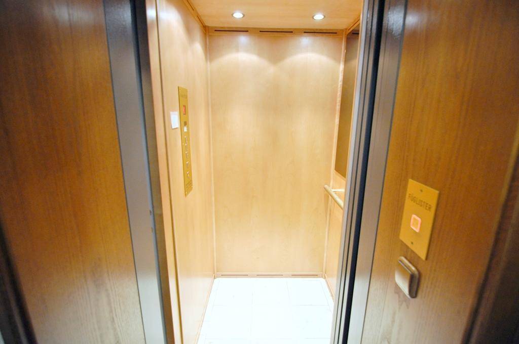 Heller Aufzug mit Holzverkleidung und goldfarbenen Bedienelementen in einem Wohngebäude.