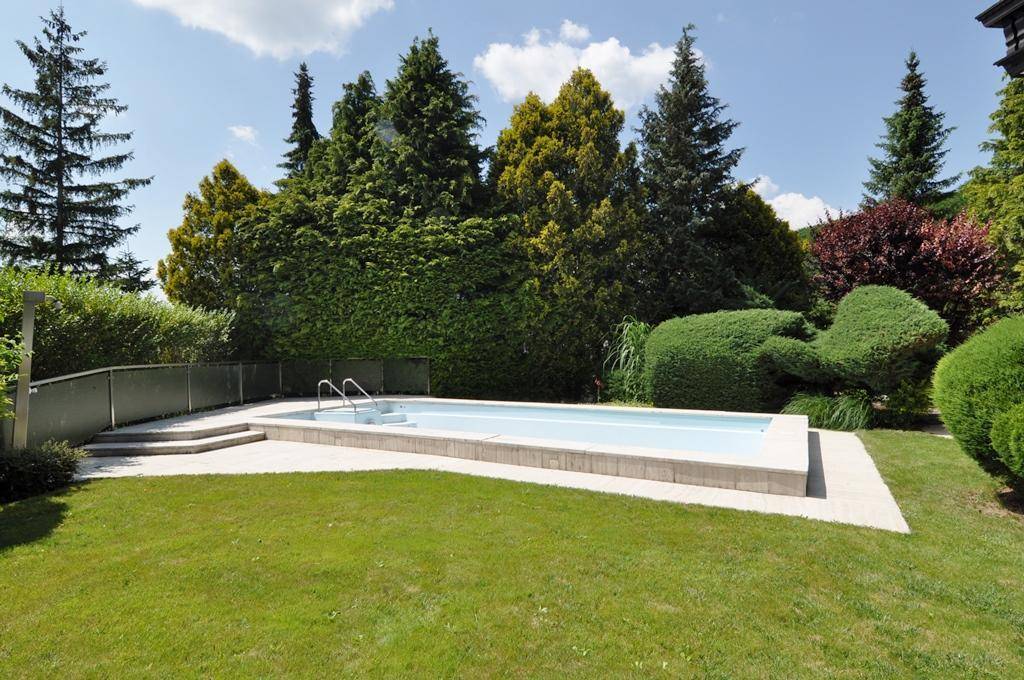 Gepflegter Außenpool im grünen Garten, umgeben von hohen Hecken und Bäumen für Privatsphäre.
