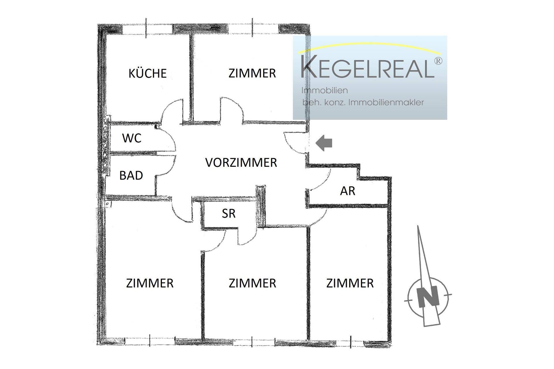 Grundriss der Wohnung mit mehreren Zimmern, Küche, Bad und WC.