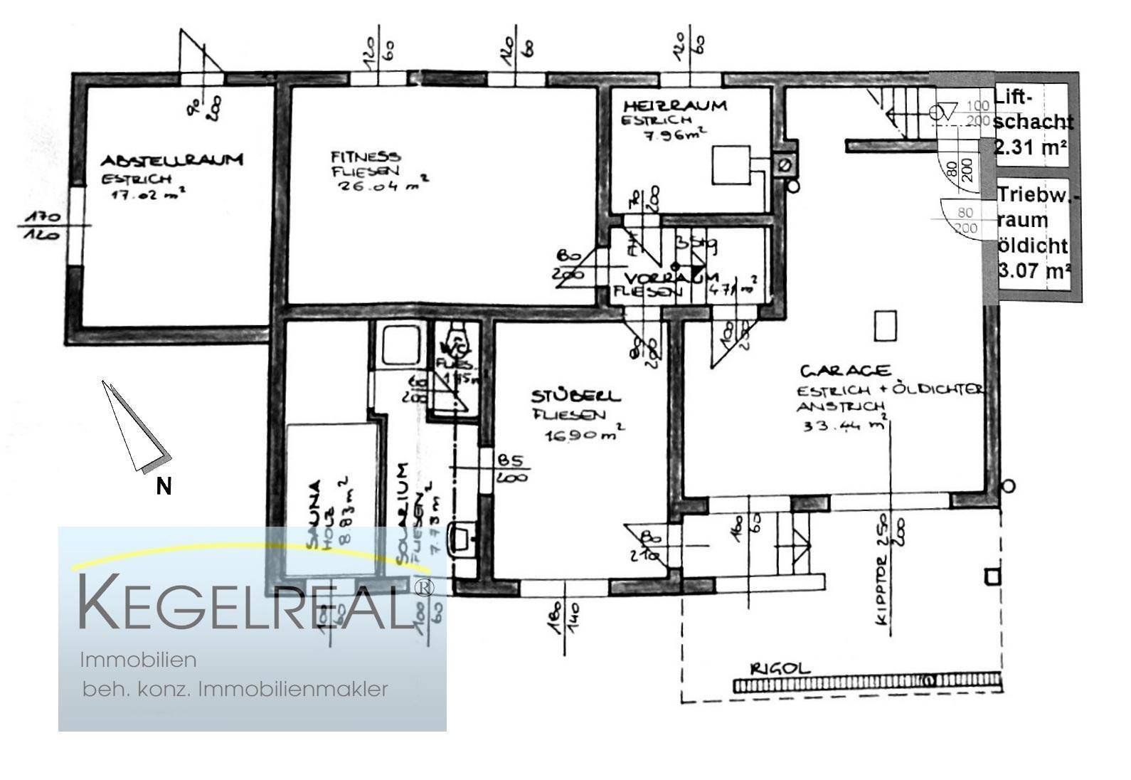 Grundriss des Untergeschosses mit Abstellraum, Fitnessbereich, Sauna, Stüberl und Garage.