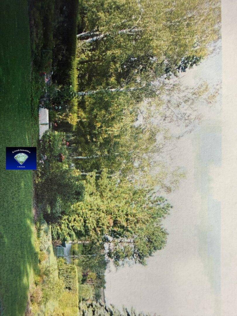 Panoramablick auf den Garten mit altem Baumbestand und einem idyllischen See im Hintergrund.