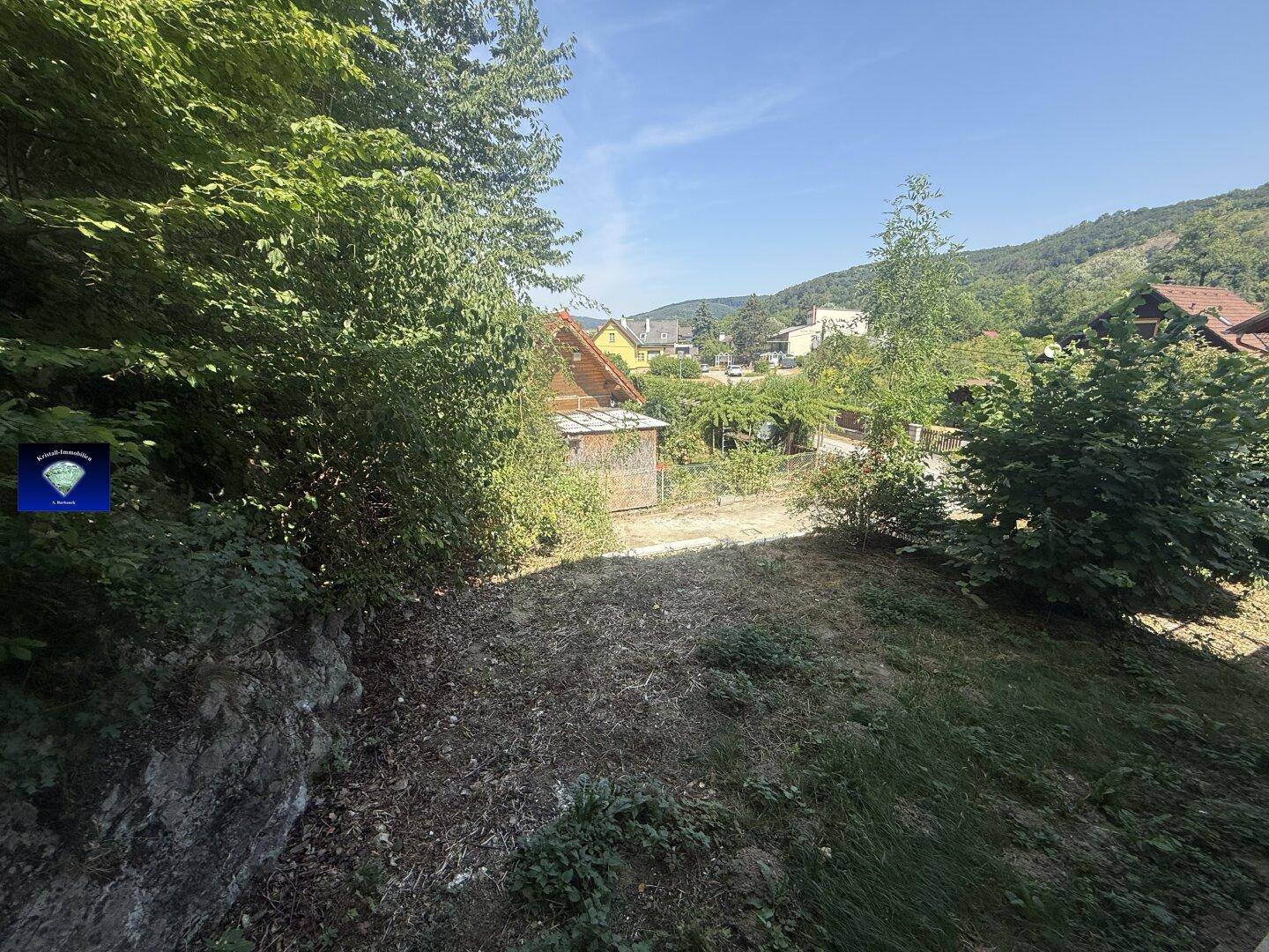 Weitläufiger Blick über die grüne Landschaft und die umliegenden Häuser im Tal.