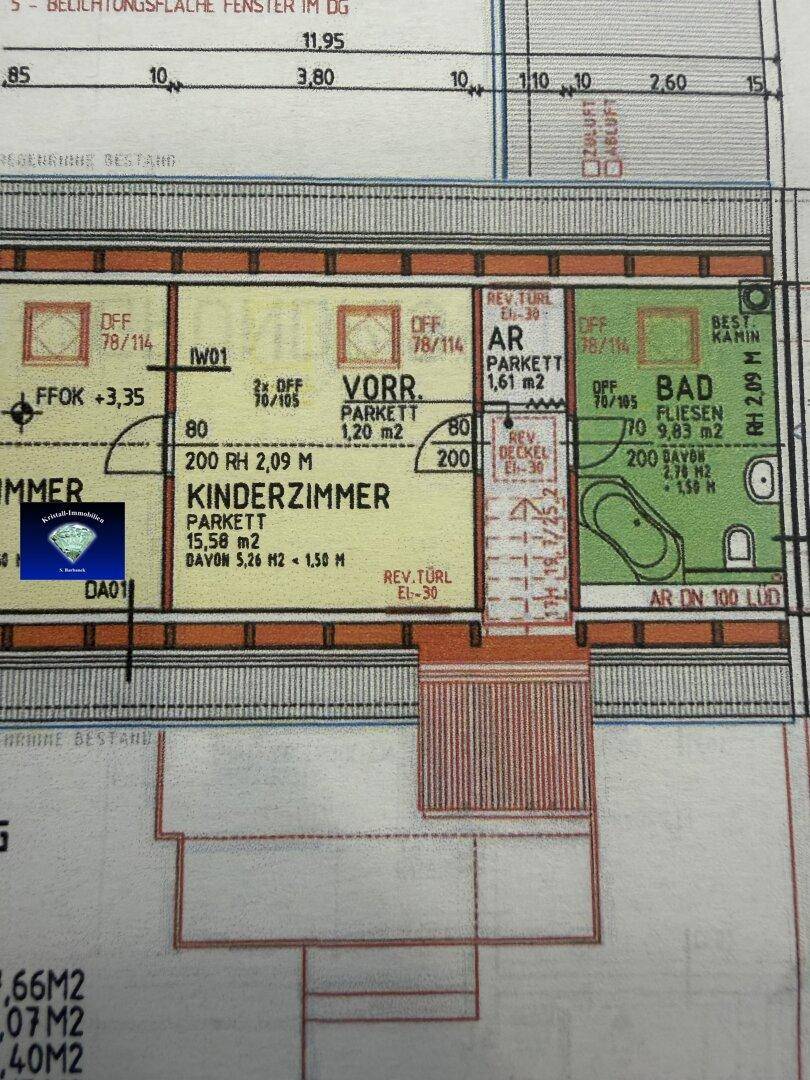 Ausschnitt des Grundrisses mit Kinderzimmer und Badezimmer mit Badewanne.