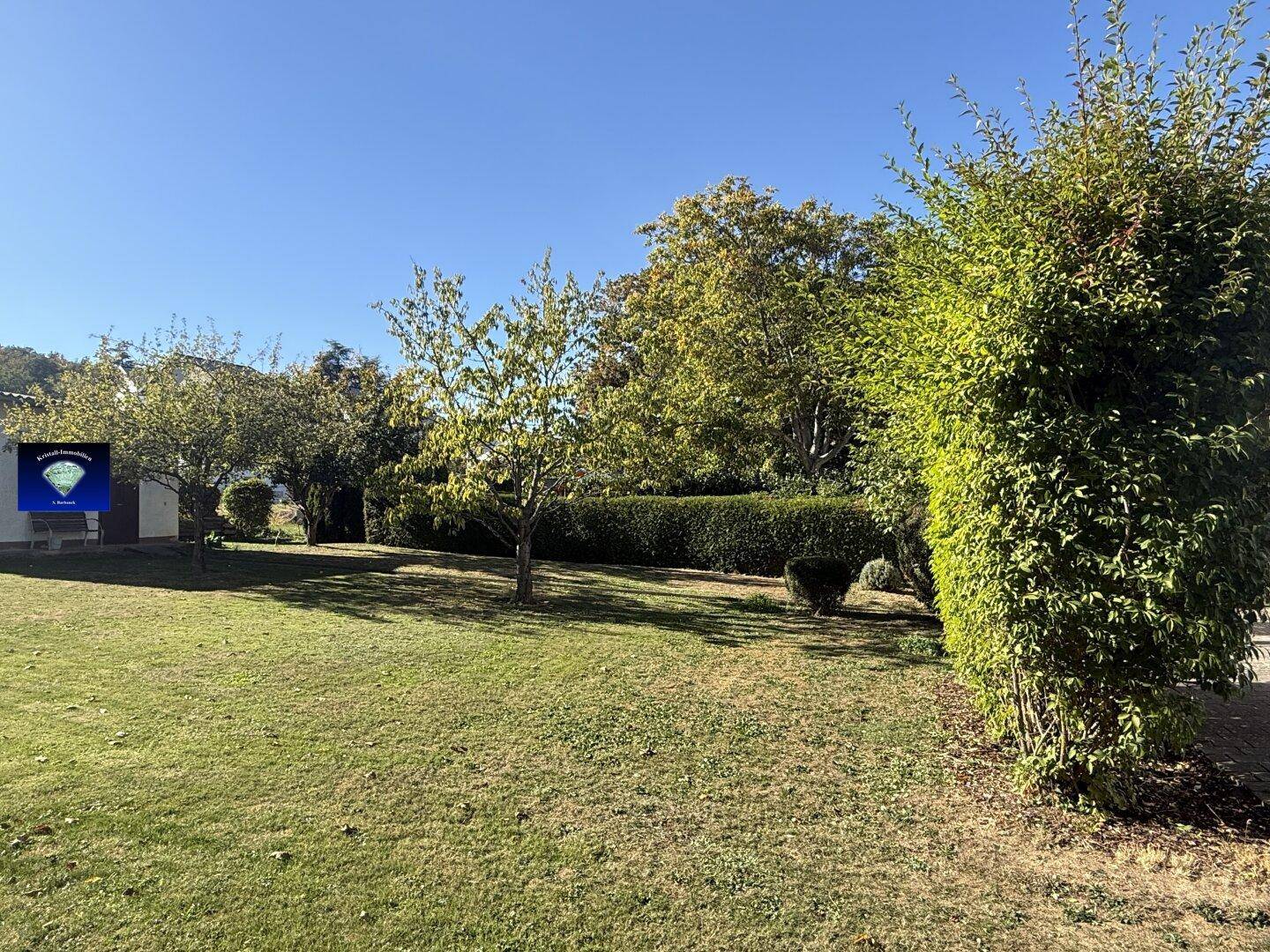 Großer, gepflegter Gartenbereich mit Rasenfläche, Bäumen und Hecken unter blauem Himmel.