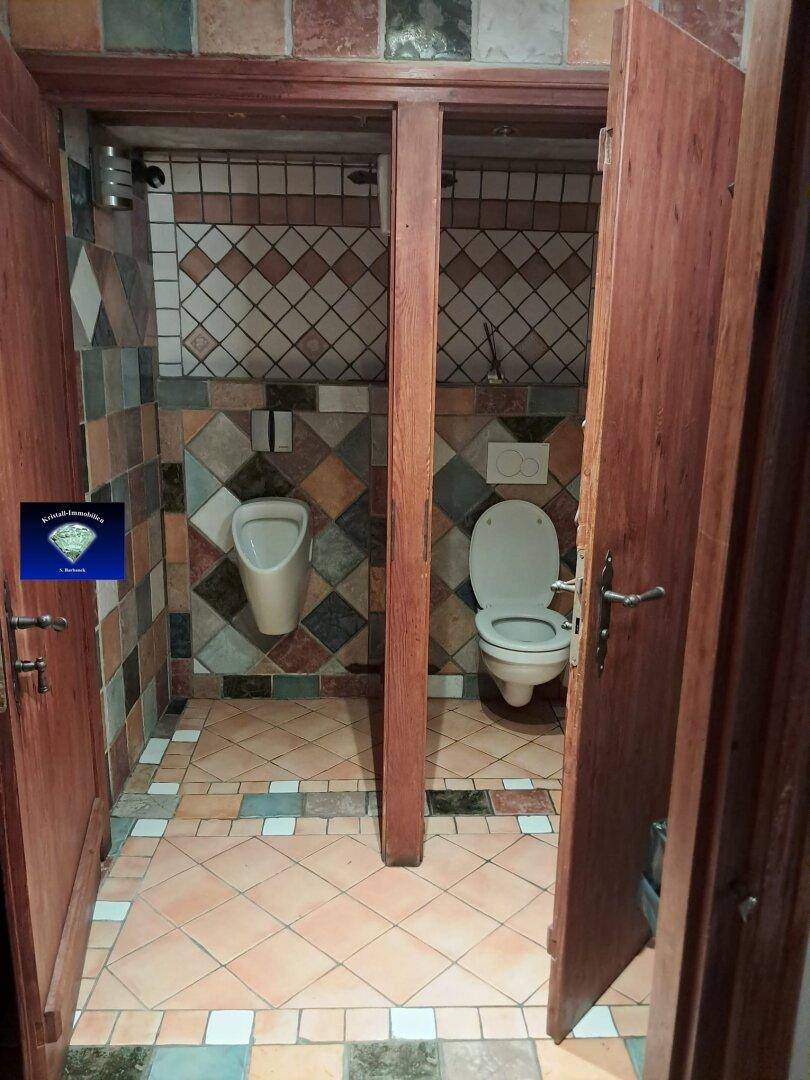 Toilettenraum mit farbigen Fliesen, Urinal und WC in traditionellem, funktionalem Stil.