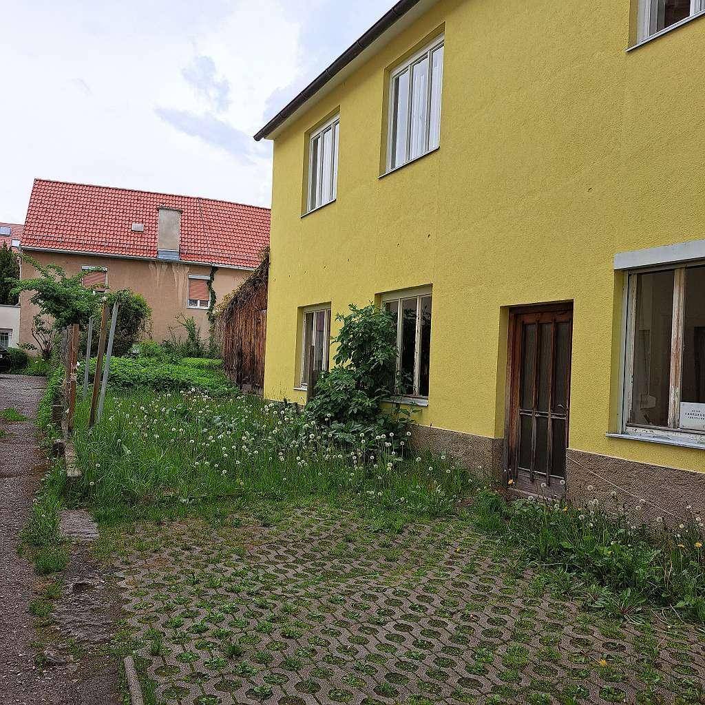 Gelbe Gebäudeseite mit einem verwilderten Gartenbereich und einem gepflasterten Weg.