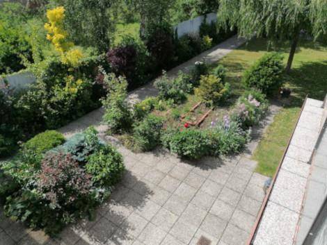 Gartenansicht von oben mit einer gefliesten Terrasse und vielfältiger Bepflanzung.