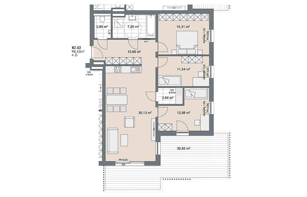 Detaillierter Grundriss einer Wohnung mit mehreren Zimmern und großem Balkon.
