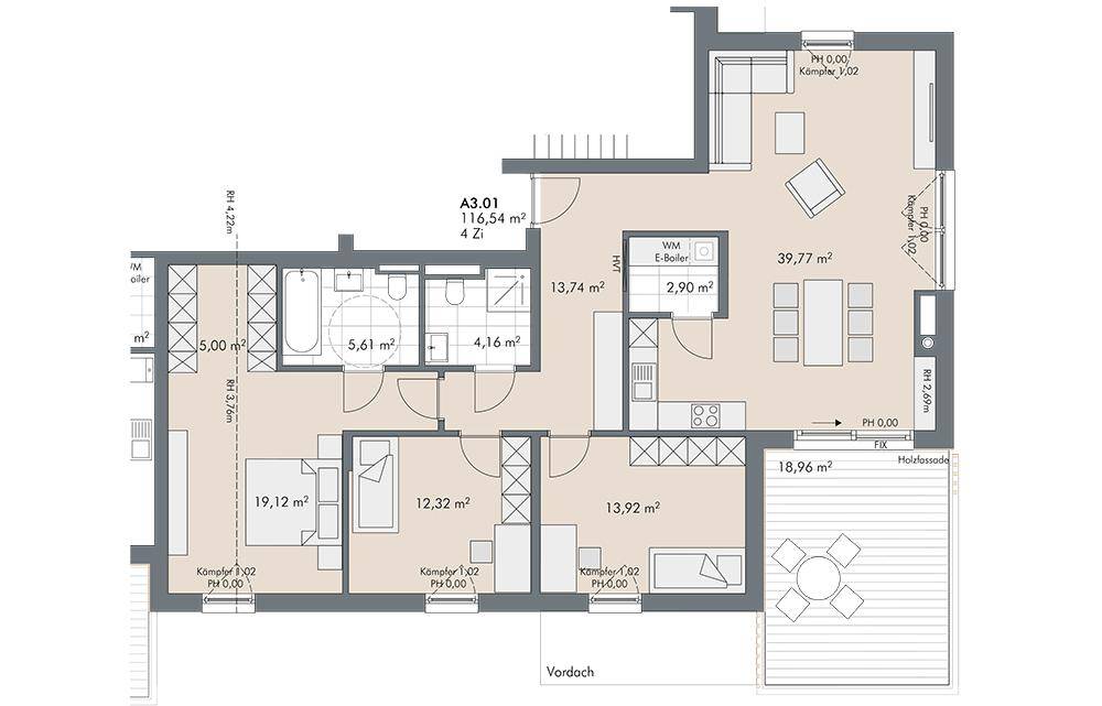 Grundriss einer Wohnung mit drei Schlafzimmern, zwei Bädern und einem offenen Wohnbereich mit Terrasse.