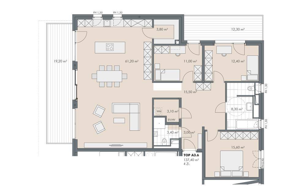 Grundriss einer Wohnung mit offenem Wohnbereich, Küche, zwei Schlafzimmern und zwei Bädern.