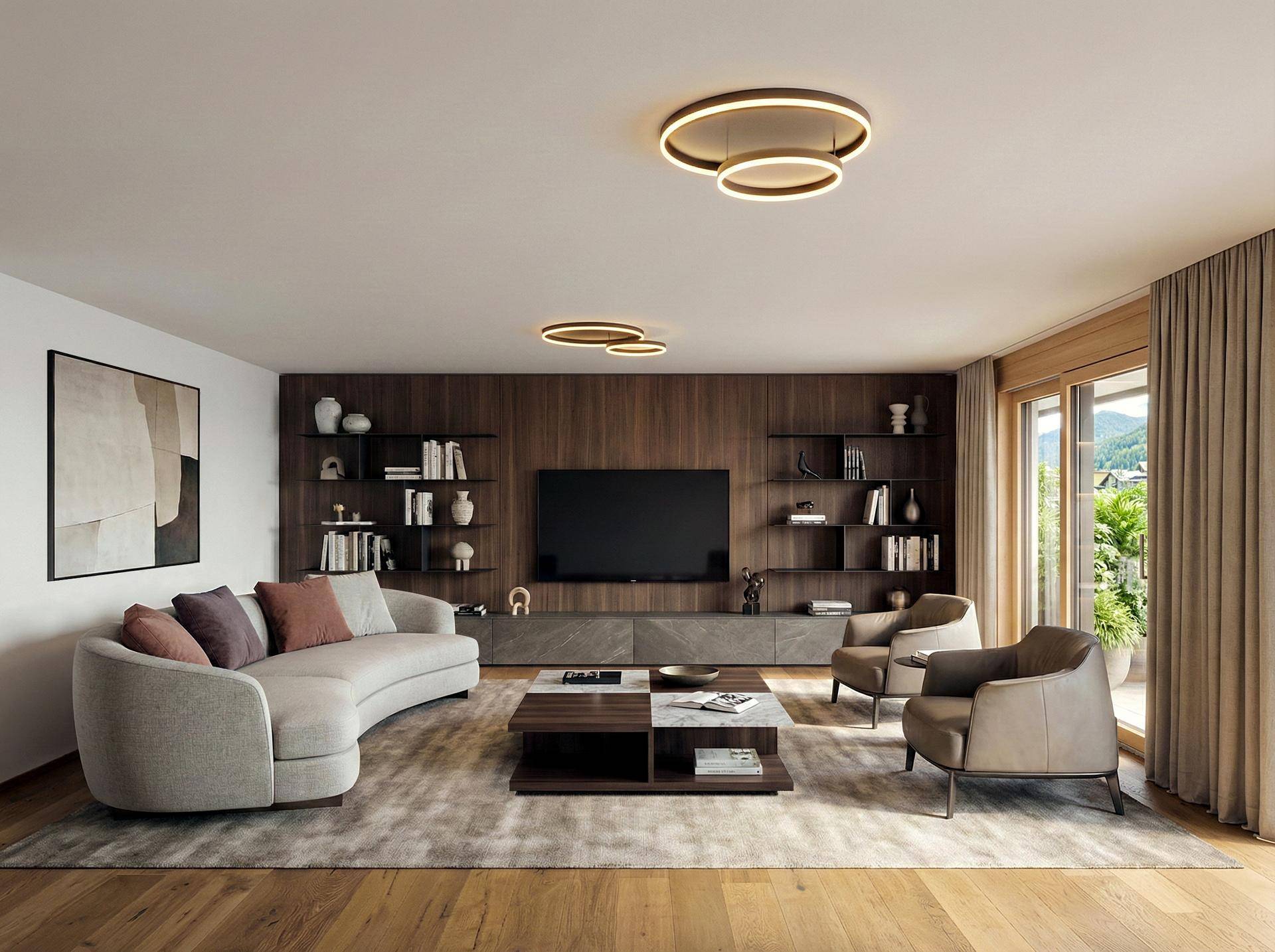 Modernes Wohnzimmer mit Holzwand, stilvollen Möbeln und indirekter Beleuchtung.