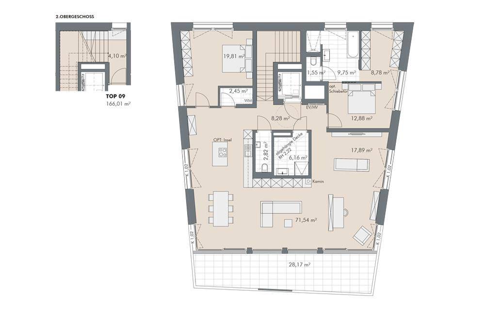 Grundriss der Wohnung TOP 09 im 2. Obergeschoss mit offenem Wohnbereich und Kamin.