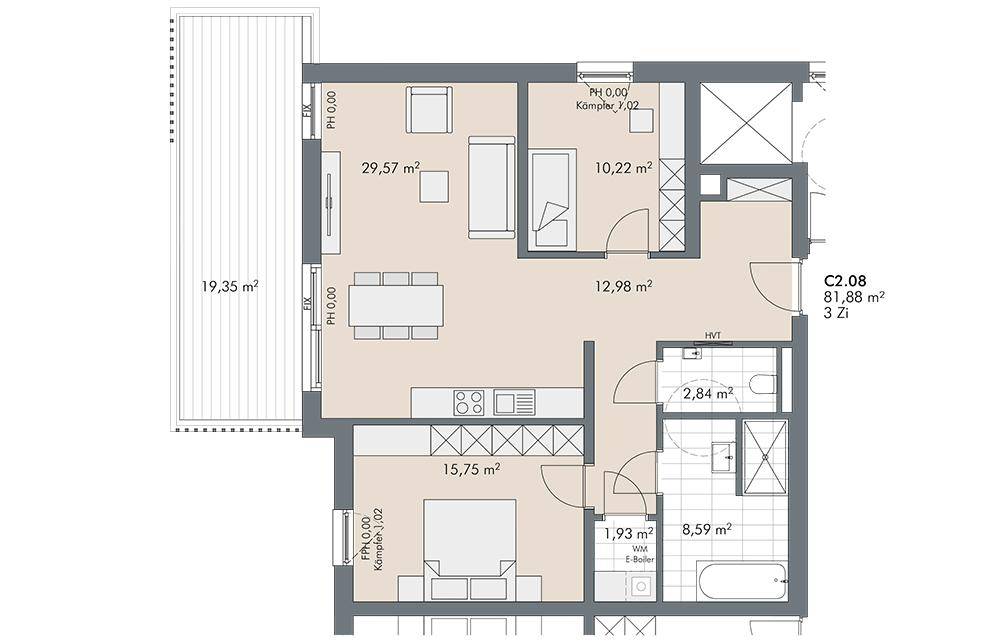 Grundriss der Wohnung C2.08 mit 81,88 m² Wohnfläche und drei Zimmern.