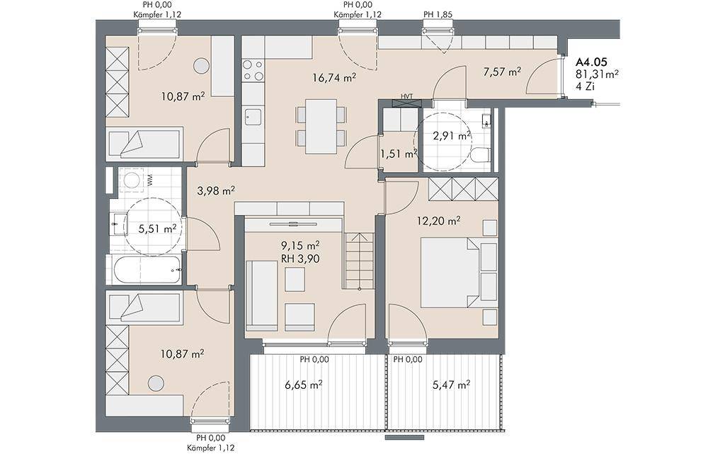 Detaillierter Grundriss einer 4-Zimmer-Wohnung mit 81,31 m² Wohnfläche und Balkon.