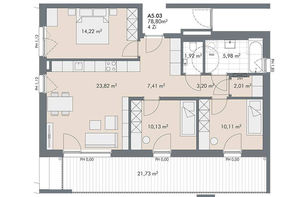 Grundriss einer 78,80 m² Wohnung mit drei Zimmern, Balkon, Badewanne und separatem WC.