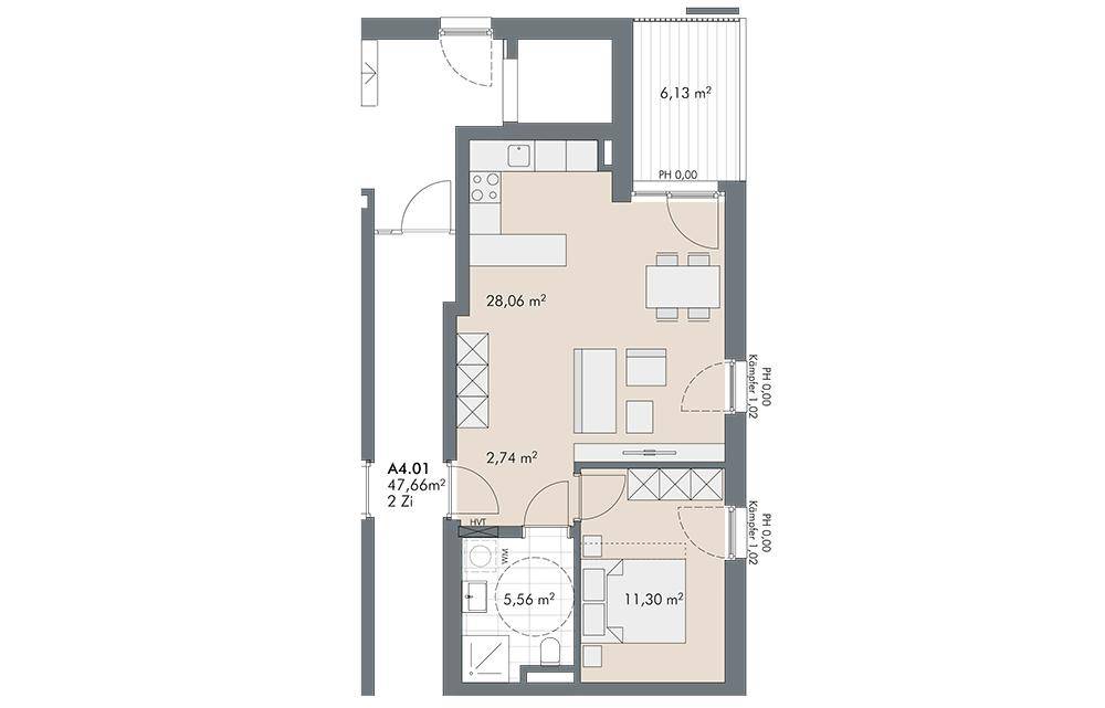 Grundriss einer 2-Zimmer-Wohnung mit offenem Wohnbereich, Schlafzimmer und Balkon.