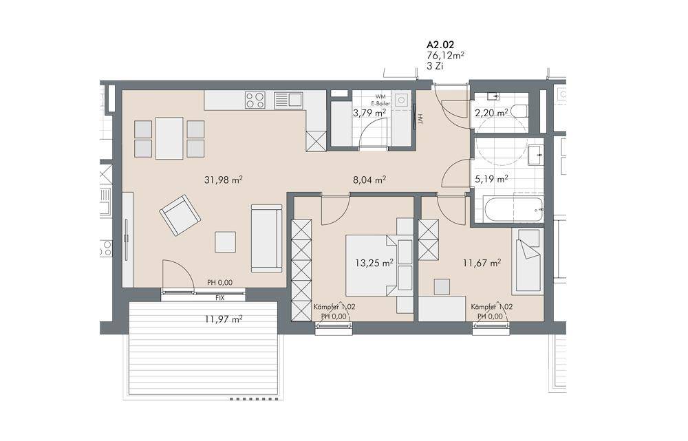 Grundriss der Wohnung A2.02 mit 3 Zimmern, Balkon und separatem Bad.