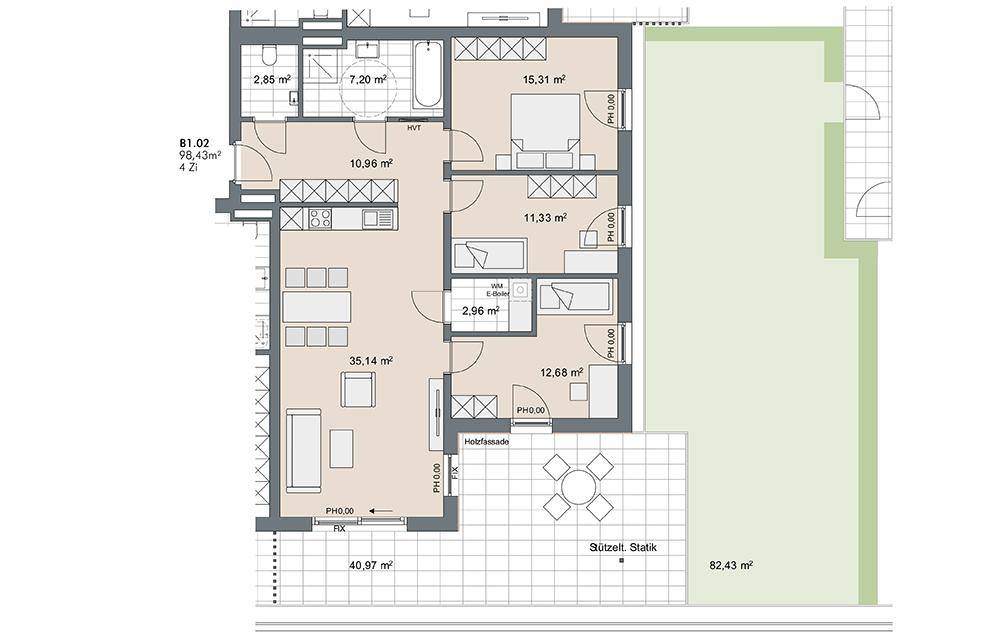 Grundriss einer 4-Zimmer-Wohnung mit 98,43 m² Wohnfläche, Terrasse und Gartenanteil.