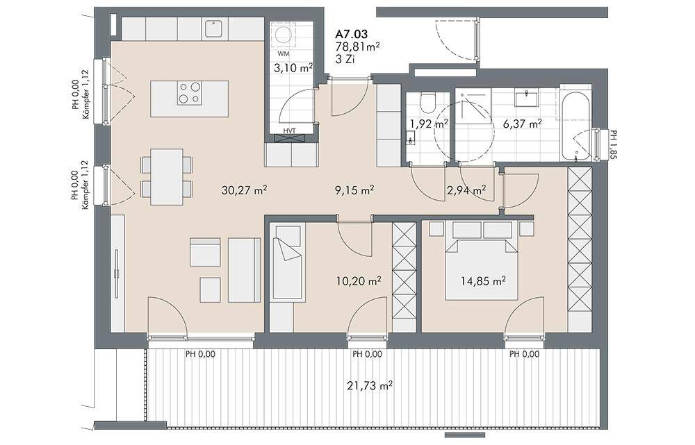 Detaillierter Grundriss einer 3-Zimmer-Wohnung mit offener Küche und großem Balkon.