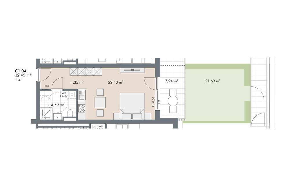 Grundriss einer 1-Zimmer-Wohnung mit 32,45 m² Wohnfläche und Terrasse.
