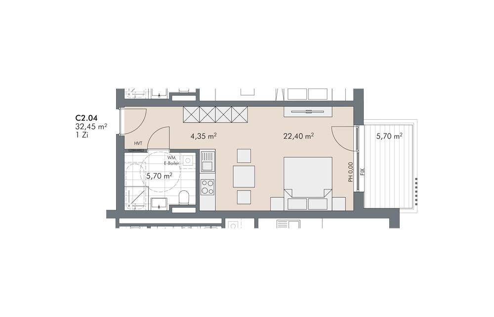 Grundriss der Einheit C2.04 mit offenem Wohnbereich, Küche, Bad und Balkon.