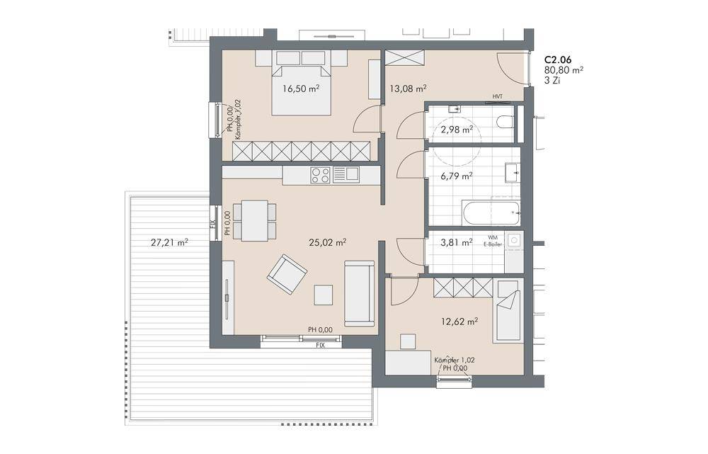 Grundriss einer 3-Zimmer-Wohnung mit offenem Wohnbereich, zwei Schlafzimmern und großer Terrasse.
