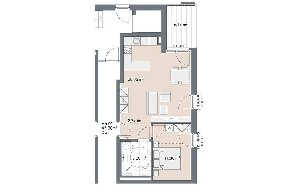 Grundriss einer 2-Zimmer-Wohnung mit offenem Wohnbereich, Balkon und separatem Schlafzimmer.