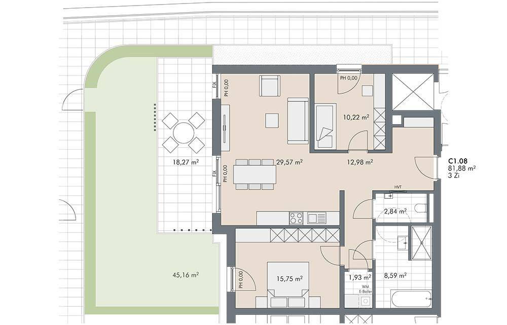Grundriss einer Wohnung mit drei Zimmern, Terrasse und Gartenanteil.