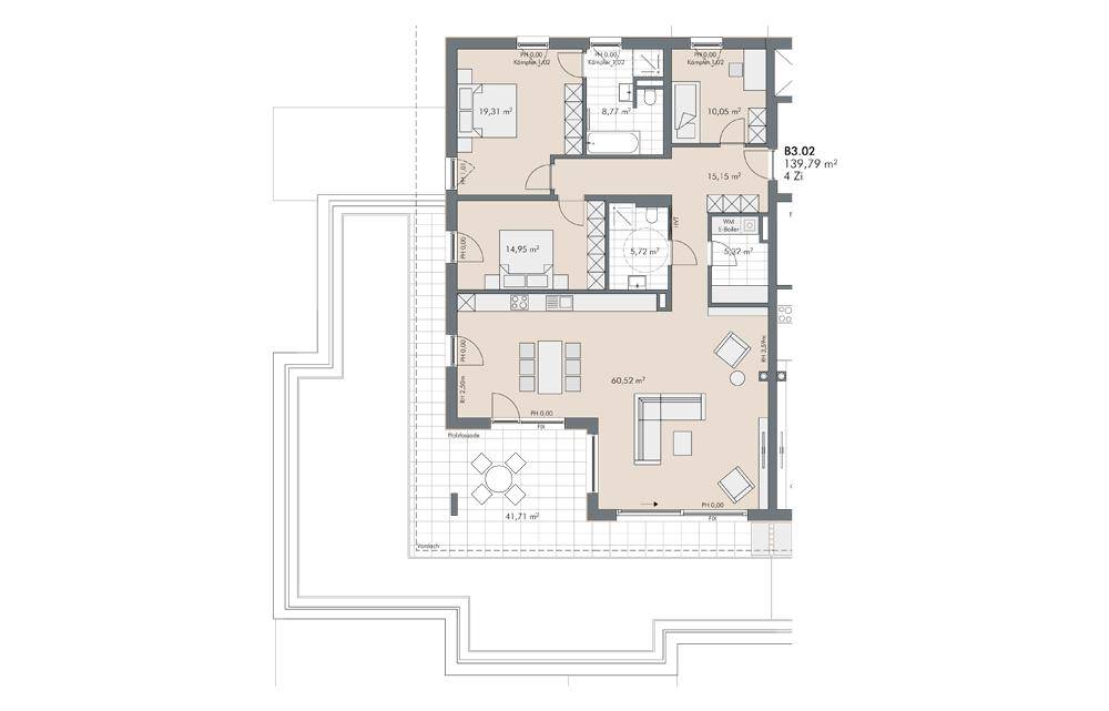 Grundriss einer 4-Zimmer-Wohnung mit großem Wohn-Essbereich, zwei Bädern und weitläufiger Terrasse.