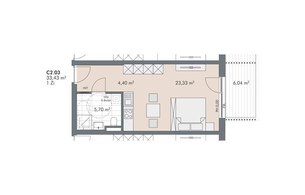 Grundriss einer 1-Zimmer-Wohnung mit 33,43 m² und Balkon.
