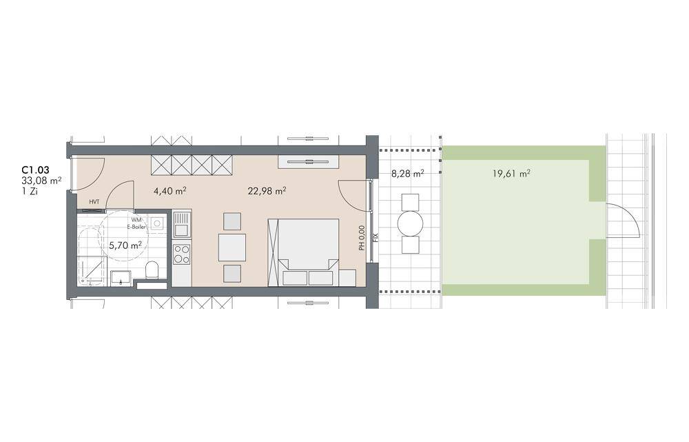 Grundriss der 1-Zimmer-Wohnung C1.03 mit 33,08 m² und großer Terrasse von 19,61 m².