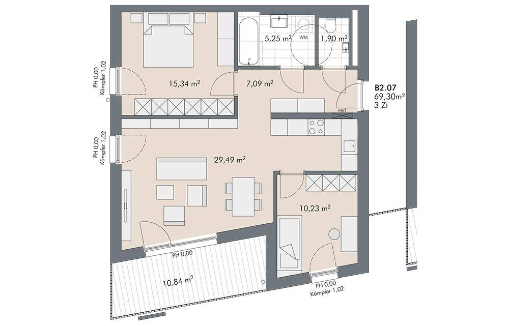 Grundriss der Wohnung B2.07 mit 69,30 m² Wohnfläche, drei Zimmern und einem Balkon.