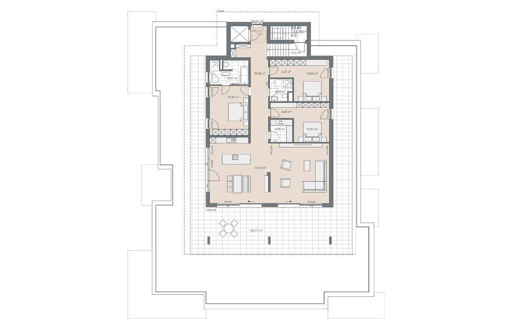 Grundriss einer Wohnung mit offener Küche, Wohnbereich, Schlafzimmern und Terrasse.