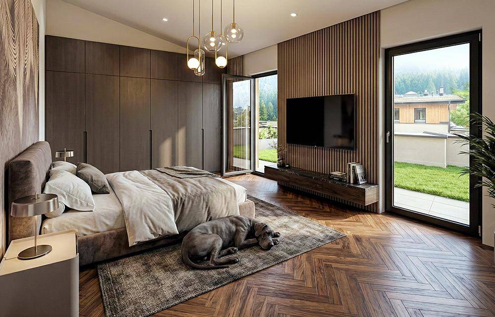 Helles Schlafzimmer mit modernem Design, Einbauschränken, Holzakzenten und Zugang zum Garten.